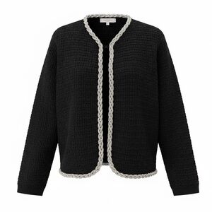 NWT Elie Tahari Black Wool Blend Waffle Knit Crystal Braided Trim Cardigan XL